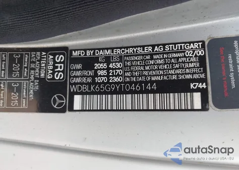 2000 Mercedes-Benz Clk 320 z USA, uszkodzony, nr VIN WDBLK65G9YT046144